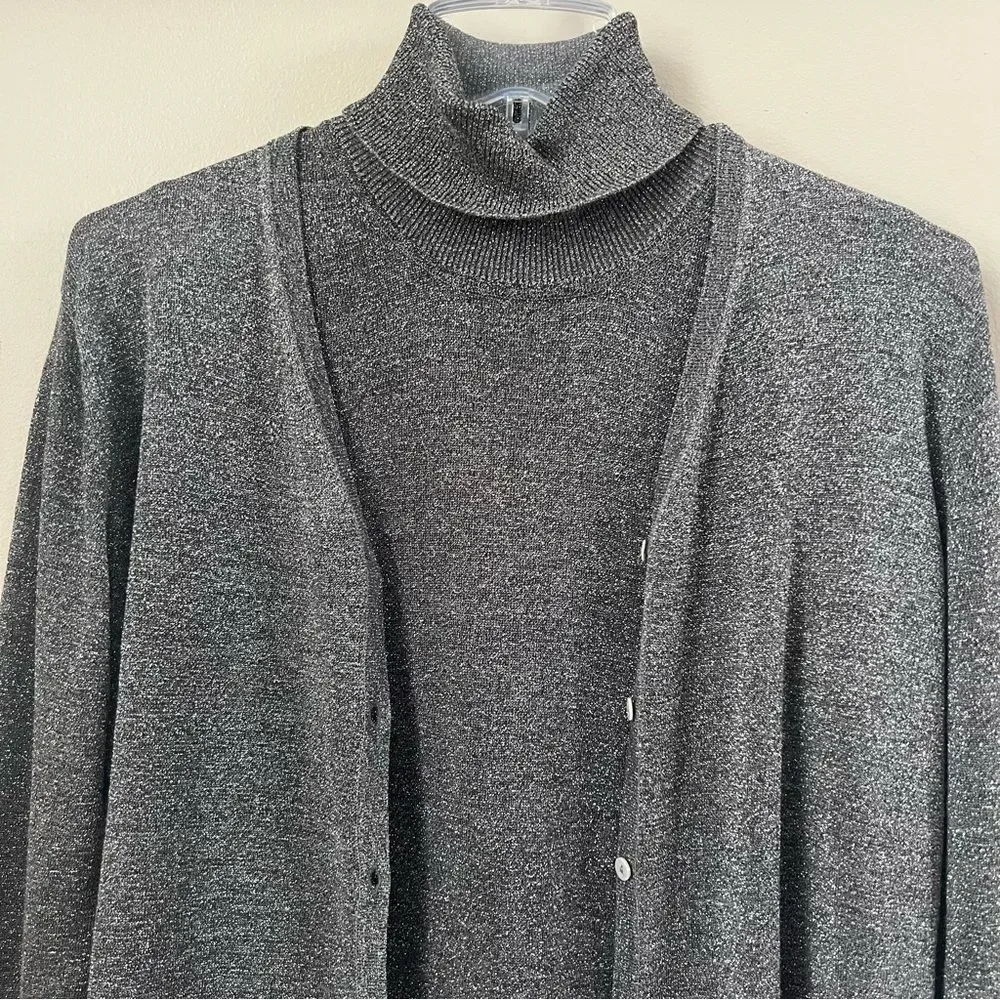 August Silk Shimmering Metallic Silver Knit Cardigan & Turtleneck Twinset SZ L - Picture 5 of 15